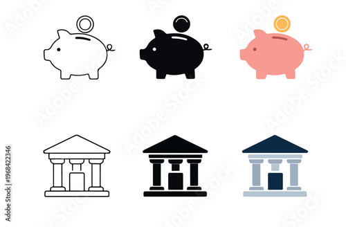 Stylized icon illustration of finance concepts with piggy banks saving coins and bank buildings