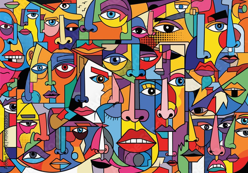Vibrant Abstract Faces Collage - Cubist Style Geometric Art Illustration for Diversity and Identity Concept