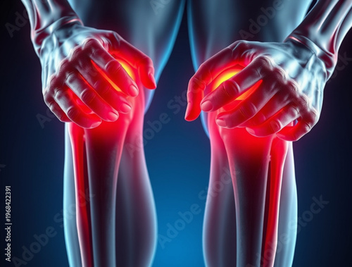 A person clutching their knees in pain with highlighted red glowing areas indicating discomfort or injury