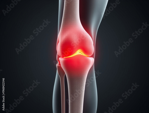 A medical illustration of a human knee with highlighted inflammation or pain.