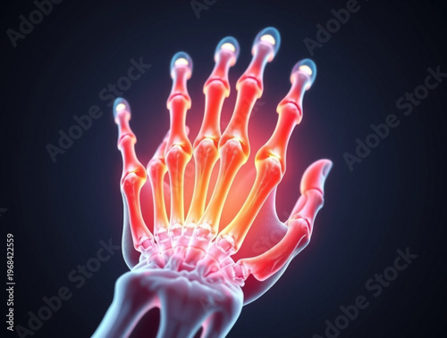 A medical illustration of a human hand with glowing red bones on a dark background