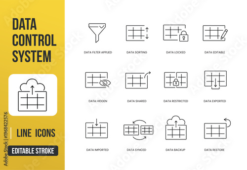 A set of data control system UI icons for managing access, visibility, and data operations in web and app interfaces, created in line style with editable stroke