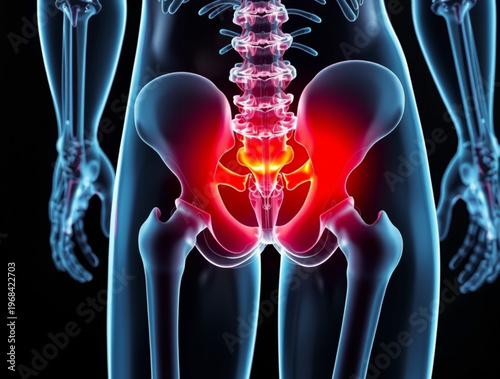A medical illustration of a human skeleton with a highlighted pelvis and lower back