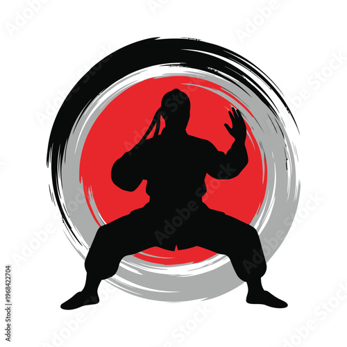 Martial arts silhouette in a fighting stance with a red and gray circular background tshirt design
