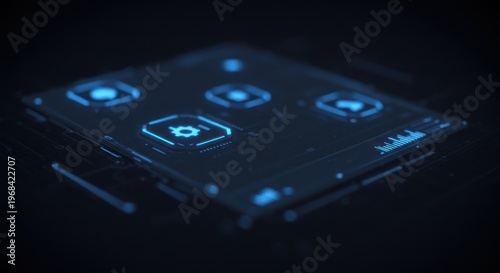 Glowing blue icons displayed on a futuristic interface screen in a dark environment