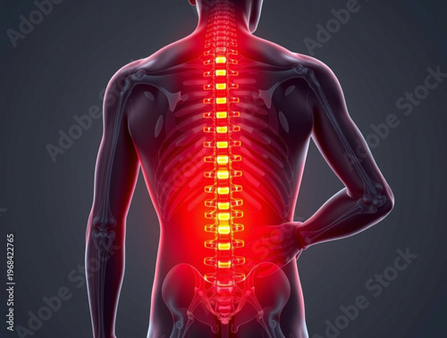 A medical illustration of a human skeleton with a highlighted spine and back pain