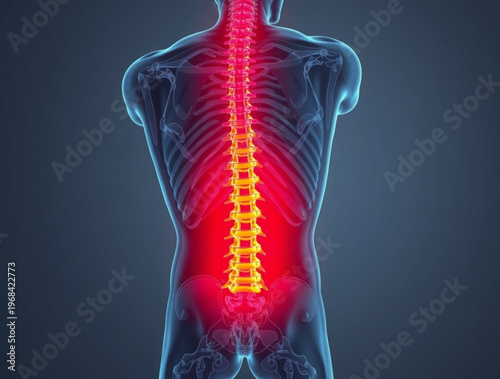A medical illustration of a human spine with highlighted areas of pain or inflammation