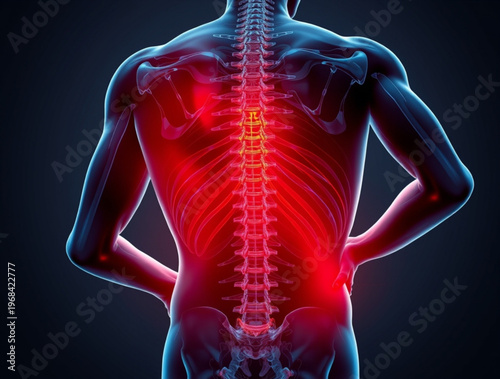 A medical illustration of a human skeleton with a highlighted spine and glowing red areas indicating pain or inflammation.