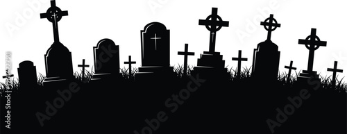 Graveyard silhouette vector, cemetery tombstones illustration, spooky halloween background, cross gravestones landscape, dark burial scene, gothic horror design, eerie night graveyard concept