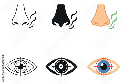 Stylized icon illustration of sensory organs showing nose with smell lines and eye with target symbols