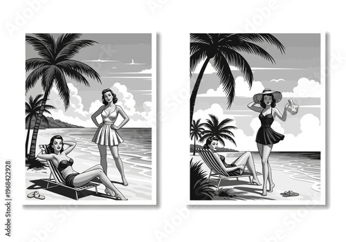 Vintage 1950s Style Black and White Tropical Beach Illustrations with Women in Retro Swimwear, Mid-Century Summer Vacation Pin-Up Posters
