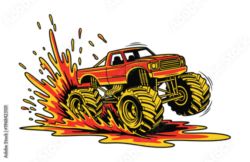 A monster truck is driving through a puddle of fire with large flames erupting tshirt design