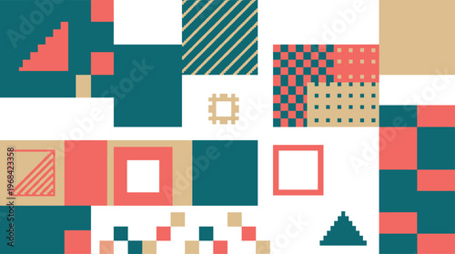A vibrant abstract geometric background is composed of a dynamic arrangement of pixelated shapes and patterns in a stylish retro color palette of teal and coral.