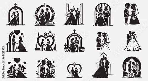 Collection of Wedding Couple Silhouettes in Various Scenes Keywords: wedding, couple, bride, groom, marriage, love, romance, silhouette, icon