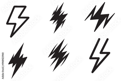 Collection of Lightning Bolt Icons in Black and White
