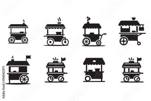 Set of Food Cart and Stall Icons in Black and White
