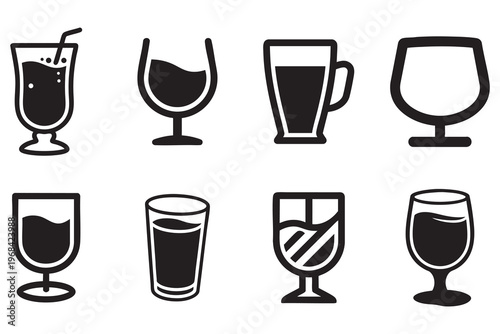 Variety of Drink Glass Icons in Black and White beverage