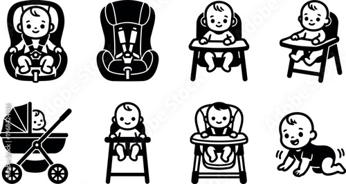 Vector art baby car seat stroller high chair icon set
