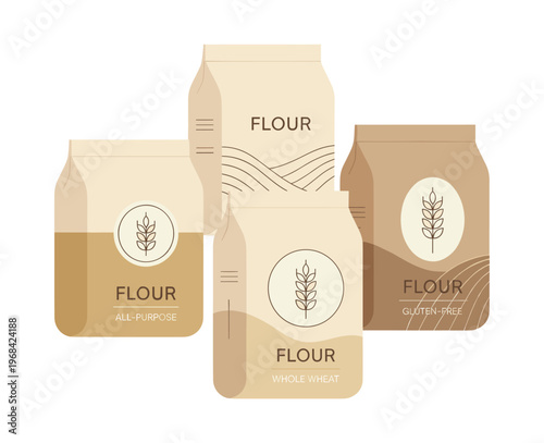 Display of various flour products in paper bags, including all-purpose, whole wheat, and gluten-free varieties