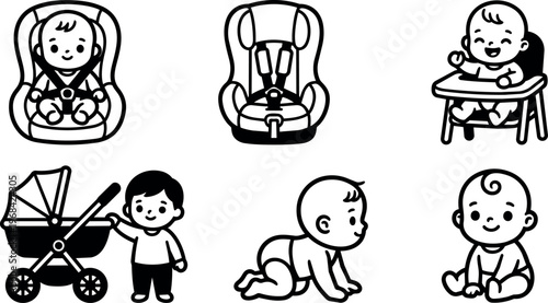 Babies with strollers and seats in black and white