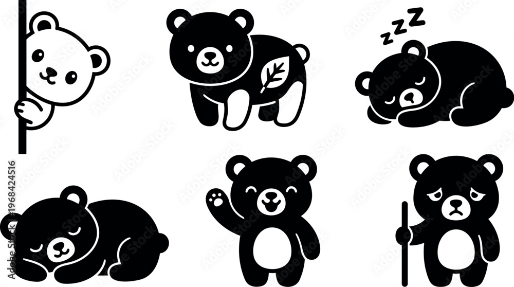 Fototapeta premium Vector line art bears collection in black and white