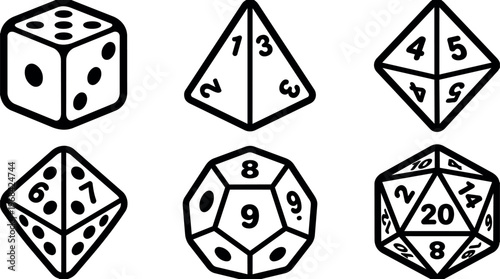 Dice collection with polyhedra and d20 in black and white