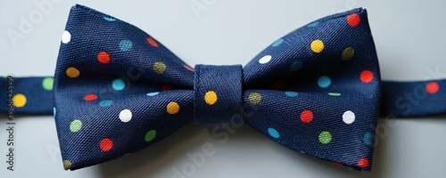 Close up shot of a navy blue bow tie with colorful polka dots. The accessory is well-made and adds a playful touch to formal attire. It is ideal for parties or special events.