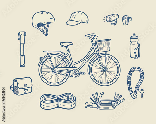 Line-drawn bicycle with basket surrounded by cycling accessories including helmet cap flashlight mug water bottle chain lock multi-tool rope bag and hand pump representing essential gear for riders
