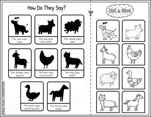 How do they say cut and glue game in black and white with cute farm characters. Educational activity page in outline with animals for kids. Match the sounds game. Vector illustration