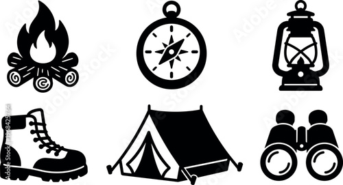 Camping icons set with campfire compass lantern boot tent and binoculars