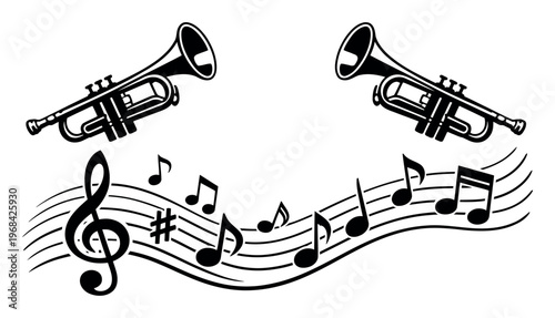 Black and white illustration showing two brass trumpets creating music with a flowing staff of notes and a G clef