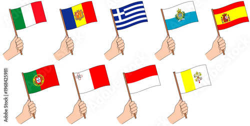 南ヨーロッパ各国の国旗セット 手持ちフラッグイラスト