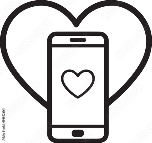 A minimalistic graphic of a heart embracing a smartphone, symbolizing love and connection, perfect for romantic tech and social media concepts.