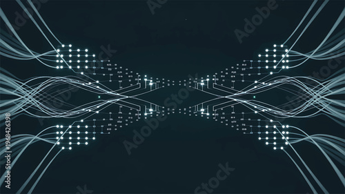 Digital Network Visualization: Intricate lines and nodes intertwine, forming an abstract representation of a complex digital network, evoking the interconnectedness of data and technology.