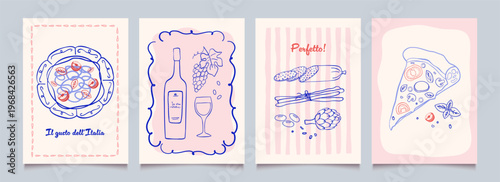 Italian food posters design. Trendy hand drawn art.  Mediterranean eat. Retro vector illustration of pasta, pizza, wine, salami, tomato etc. Graphic  for  interior, restaurant, kitchen, cafe, menu.