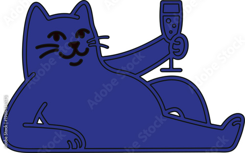 Cartoon-style illustration of reclining dark blue cat holding champagne glass with bubbly drink in raised paw on plain background representing playful whimsical animal art