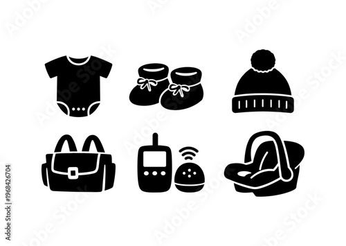 Baby essentials icon set. onesie, booties, knit hat, diaper bag, baby monitor, infant car seat, newborn gear, accessories. flat vector illustration.