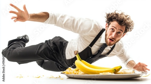 A waiter in a white shirt and braces trips over a tray laden with bananas and fried eggs – a comical backdrop for articles on workplace mishaps or food service safety procedures