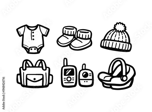 Baby essentials icon set hand drawn style. onesie, booties, knit hat, diaper bag, baby monitor, infant car seat, nursery items, casual sketch lettering.