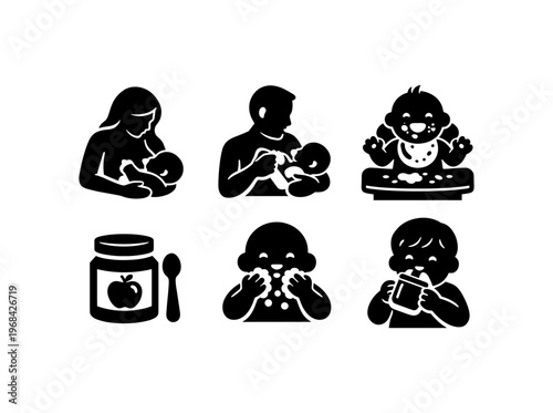Baby feeding icon set. breastfeeding mother, bottle feeding parent, baby eating in highchair, jar of baby food with spoon, messy self-feeding baby, toddler drinking from cup. 