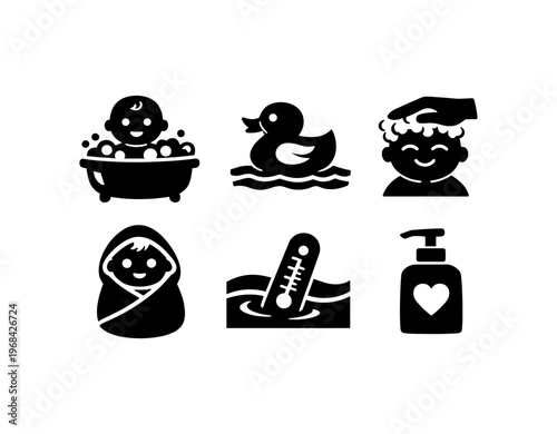 Baby bath time icon set. bathtub, rubber duck, shampoo, baby wash, towel, bath thermometer, soap dispenser, baby hygiene. flat vector illustration.