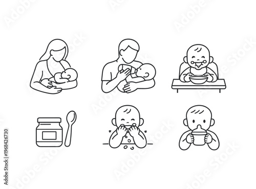 Baby feeding icon set. breastfeeding, bottle feeding, baby eating, spoon feeding, puree, baby bowl, burping, infant mealtime, caregiver feeding. line and flat vector illustration.