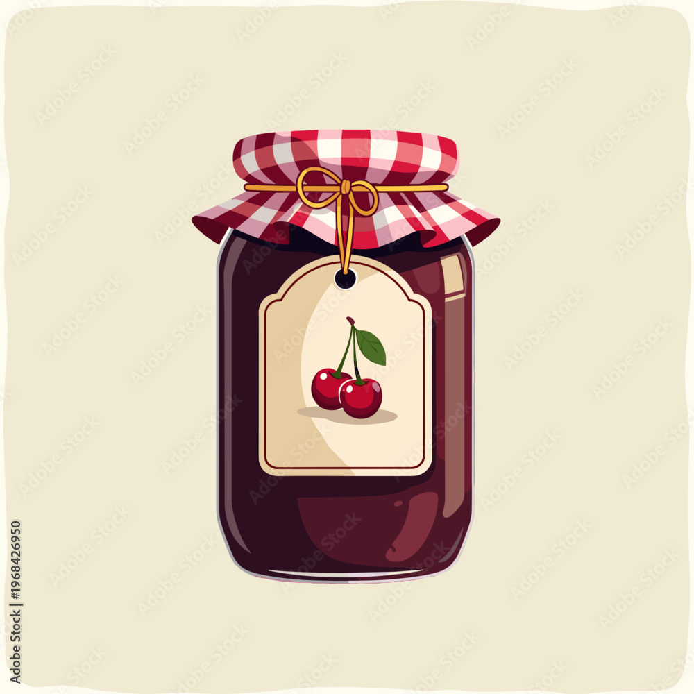 Obraz premium homemade cherry jam glass jar with checkered lid and paper label for food blogs, recipe websites, farmers market branding, pantry organization, and kitchen posters, with copy space