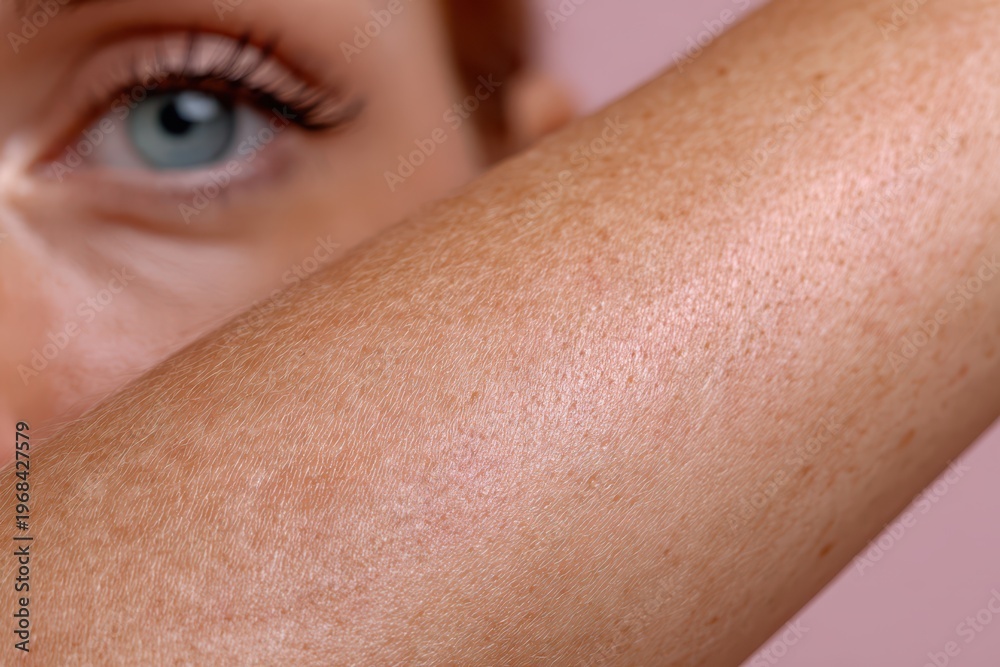 Naklejka premium Close-up of a woman's blue eye and freckled arm against a soft pink background, abstract beauty shot.