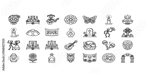 line icon collection of day of the dead cultural symbols including sugar skulls, skeletons, marigolds, and traditional mexican festival elements.