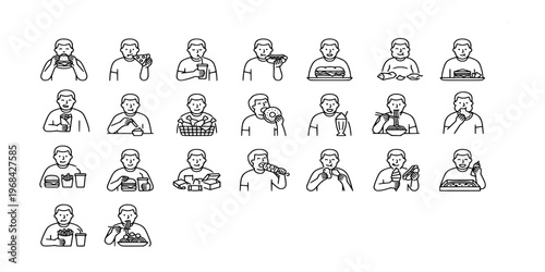 line icon collection of people eating various fast food items including burgers, pizza, noodles, and snacks in clean minimalist outline.