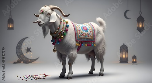 Eid al-Adha goat, decorated white goat, festive lanterns, crescent moon