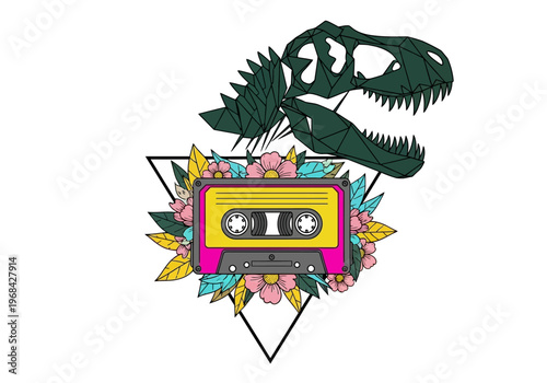 Retro T-Rex Dinosaur Skull with Vintage Cassette Tape and Floral Geometric Illustration
