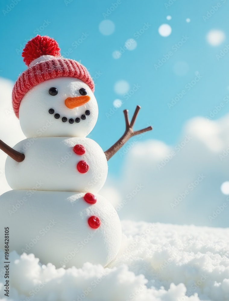 Fototapeta premium Close-up shot of a snowman standing in a snowy environment, great for winter-themed projects