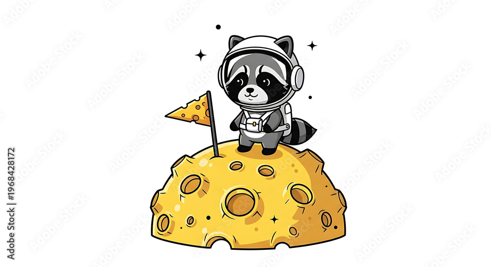 Fototapeta premium Cute Raccoon Astronaut Exploring The Moon Surface With A Cheese Flag Symbolizing Exploration And Cosmic Adventure Missions Designed For Childrens Apparel Prints And Educational School Room Decor